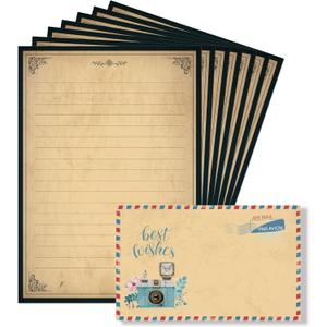 Lined Vintage Stationary Paper, Old Fashion Stationary Paper and Envelopes Set, 48 Sheets + 24 Envelopes Letter Writing Stationery Set for All Occasion, 7.3 x 10.2 Inch
