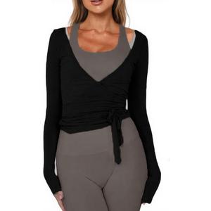 Women Ballet Wrap Top Long Sleeve Self Tie Dance Shirt Pilates Yoga Tops Y2k Workout Active Blouses (Small, Black)