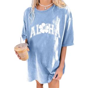 Remidoo Women's Casual Oversized T Shirt Short Sleeve Graphic Tee Flower Baggy Shirts Blue Alha Large