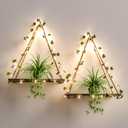 RICHER HOUSE Artificial Ivy LED-Strip Wall Hanging Shelves Set of 2, Macrame Shelf for Bedroom Bathroom Living Room Kitchen, Wood Hanging Plant Shelves for Wall Dcor (Ivya*2)