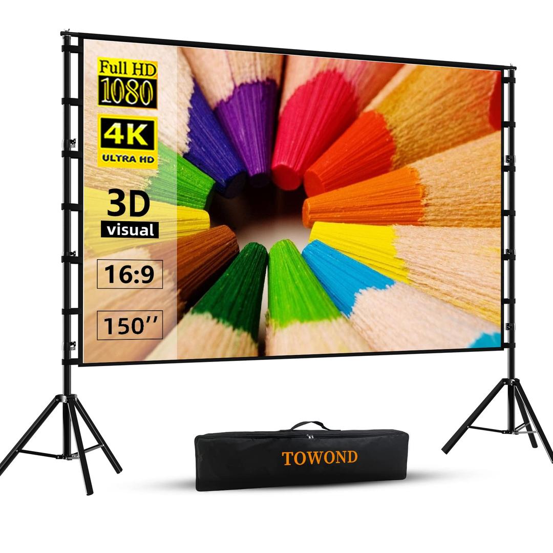 TOWOND Projector Screen and Stand, 150 inch Indoor Outdoor Projection Screen, Portable 16:9 4K HD Rear Front Movie Screen with Carry Bag Wrinkle-Free Design for Home Theater Backyard Cinema