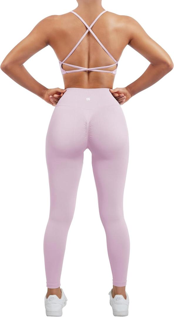 SUUKSESS Women Seamless 2 piece Workout Sets Strappy Padded Sports Bra Booty High Waisted Leggings Outfits (Baby Pink, S)