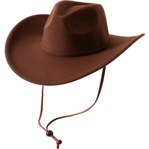 Lanzom Women Men Retro Felt Wide Brim Western Cowboy Cowgirl Hat Dress Up Hat with Wind Lanyard (Medium-Large, Coffee)