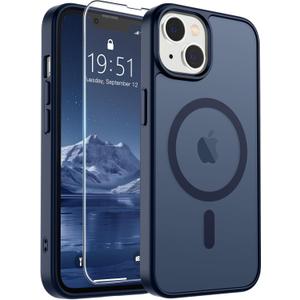 SUPFINE Magnetic for iPhone 14 Case & iPhone 13 Case with Screen Protector (Compatible with MagSafe)(Military Grade Drop Protection) Translucent Matte Shockproof Phone Cover,Dark Blue