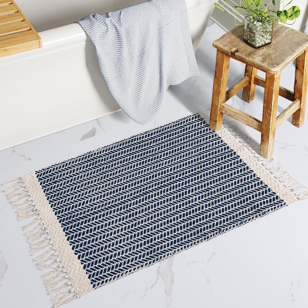 Lahome Boho Bathroom Rugs, Small 2x3 Front Door Mat Lightweight Entryway Rug Woven Cotton Area Rug with Tassels, Farmhouse Non Shedding Washable Blue Throw Rug Low Pile Carpet for Entry Laundry