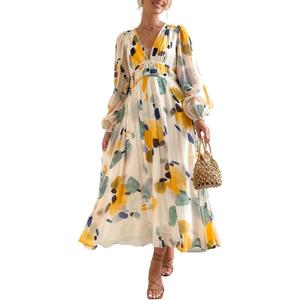 Maxigerui Women's Long Sleeve Floral Maxi Dress 2026 Spring Summer Wedding Guest Dress Yellow Watercolor L