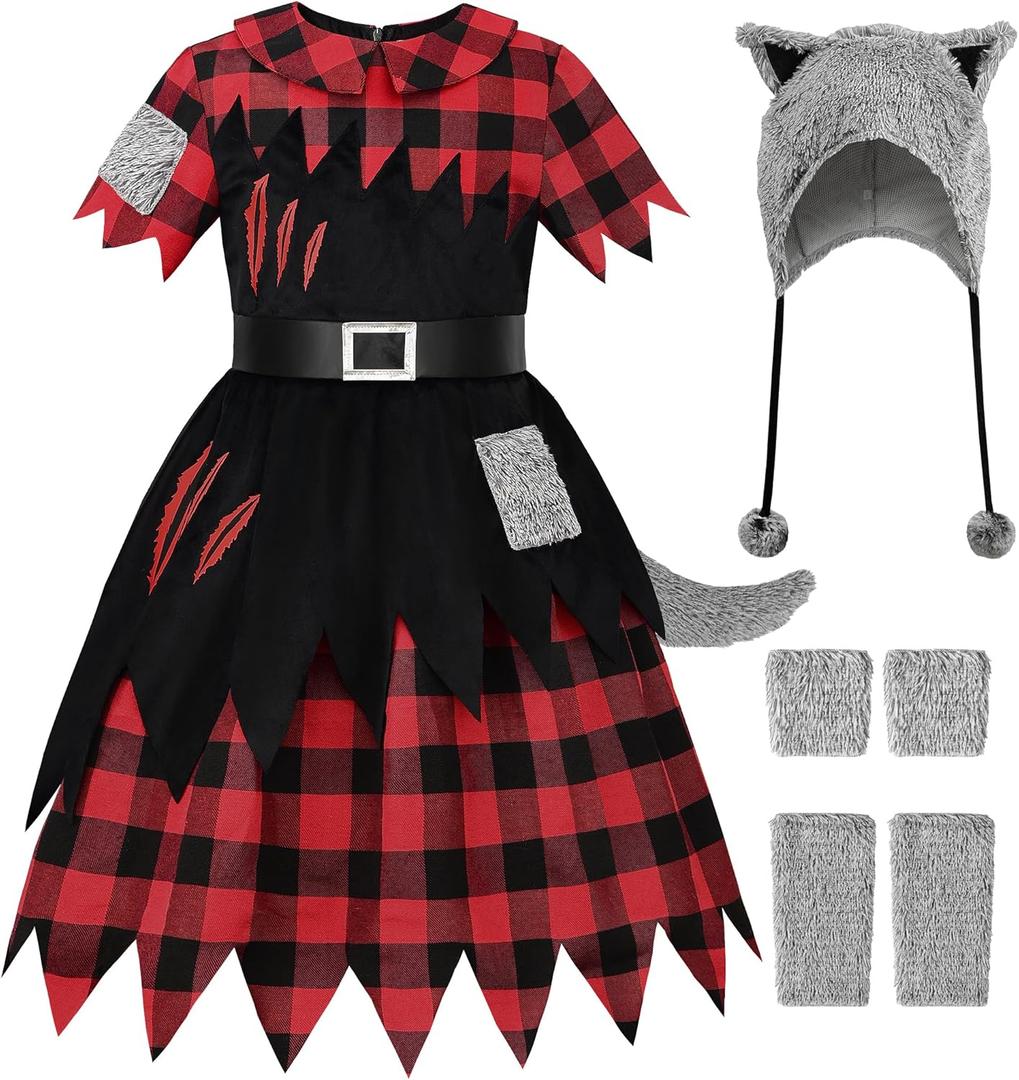 ReliBeauty Girls Werewolf Costume, Werewolf Costumes Kids for Halloween, 150 Red