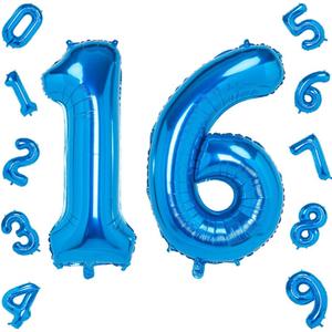 Blue 16 Number Balloon 40 Inch Jumbo Foil Mylar Balloons for Birthday Party Decorations, Anniversary Supplies, Helium-Ready Giant Digital Balloons with Ribbon (16th birthday balloons) 3 Packs