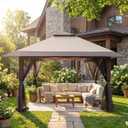 GAFETE 13x13 Pop Up Gazebo, Outdoor Canopy Tent with 4 Mosquito Netting, One Push Setup Gazebos for Patio Furniture, Backyard, Parties Events with Portable Carrrying Bag, 4 Sandbags (Beige & Coffee)