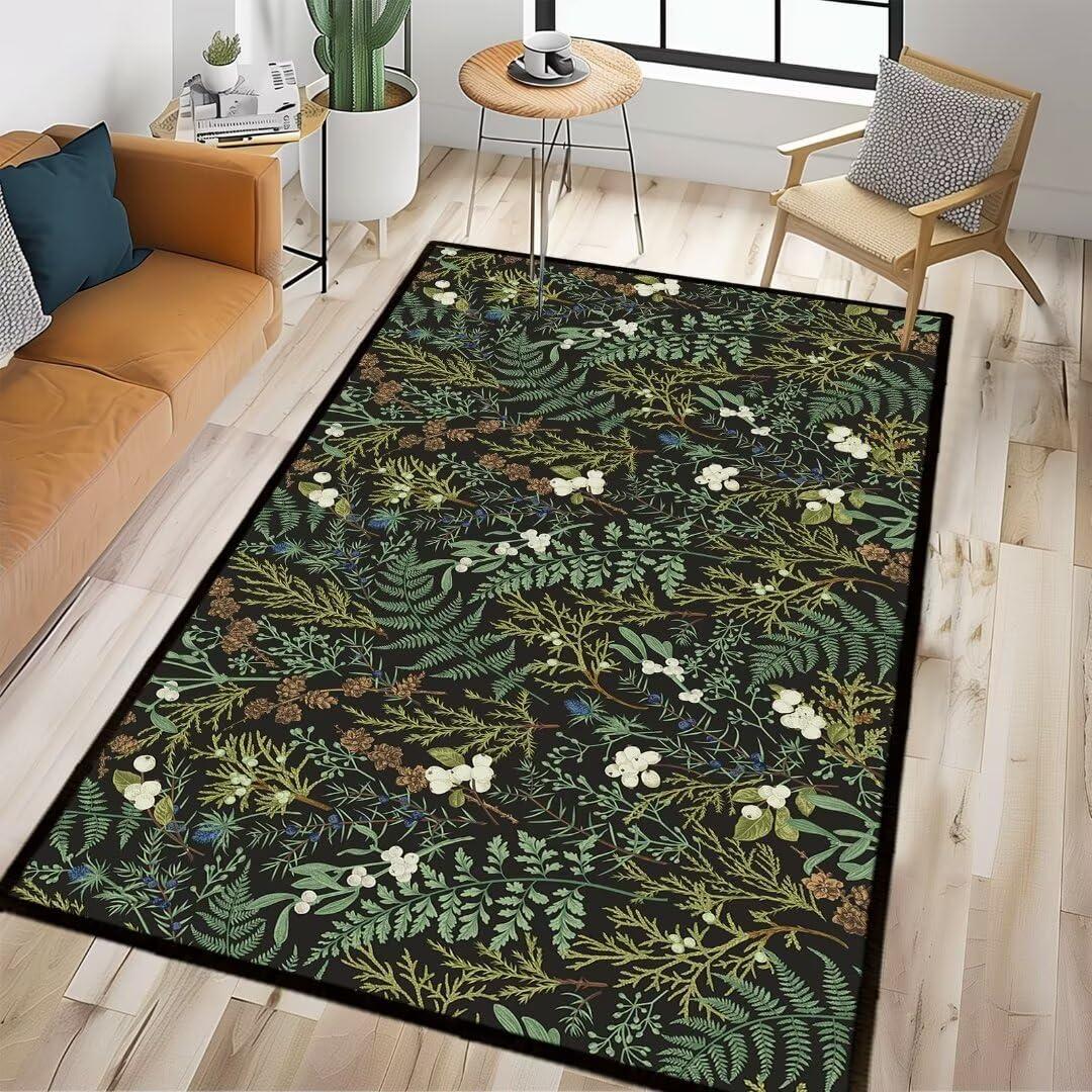 Black Green Area Carpet for Living Room 4x6 Area Rug for Bedroom,Botanical Print Throw Rug Indoor Rugs,Plant Leaf Printed Area Rugs Non Slip Soft Floor Carpets Mat for Dining Room,Office,Laundry