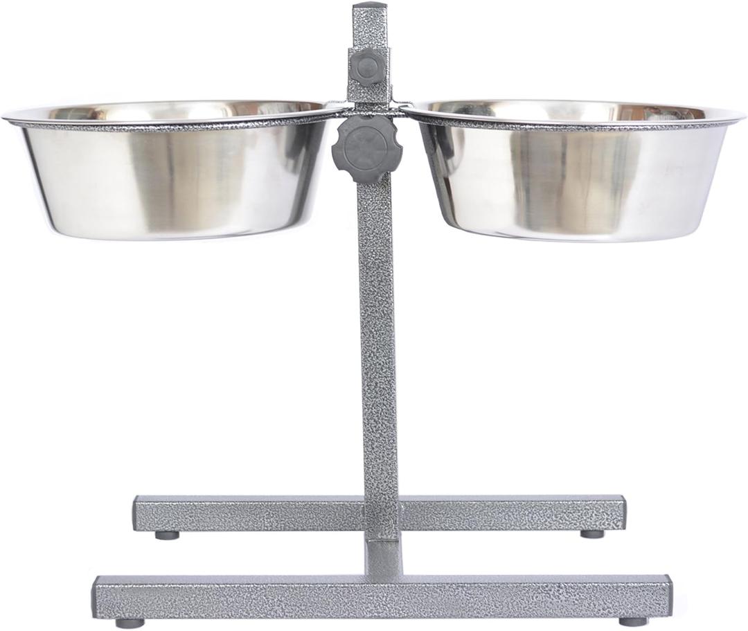 Iconic Pet Adjustable H-Design Double Diner - Non-Skid Rubber Base Noise Free Stable Dog Food Stand with 2 Quart/ 64 oz Stainless Steel Elevated Dog Food Bowls for Proper Growth & Digestion
