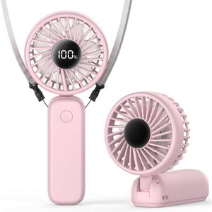 PANERGY Portable Handheld Fan, 5000mAh Rechargeable, 14H Max Cooling Time, 4 Gear Wind & LED Display, 90 Foldable Design, 3-IN-1 Mini Fan for Travel Working Concerts Makeup - Pink