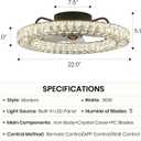 LUDOMIDE Flush Mount Ceiling Fan with Light, 22" Modern Crystal Chandelier Ceiling Fan with Smart 4-Light Color Change, Dimmable LED Ceiling Fan, 6 Wind Speeds, Low Profile Ceiling Fan for Bedroom