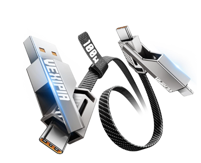 Vexipia 4in1 USB C Cable 100W 5FT Compatible with Lightning Cable [Fast Charging & Data Transfer] Flat Nylon Braided for iPhone iPad Charger Cord, Multi Charge Wire Combo with L/Type C/USB A Port