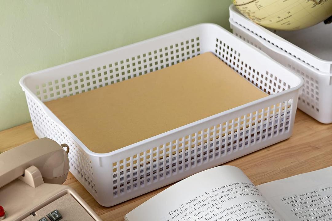 A4 Size Plastic Storage Baskets, Desktop File Paper Letter Organizer Trays, 6-Packs (White+Clear+Black)