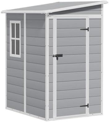 Greesum 5x4FT Plastic Outdoor Storage Shed, Resin Shed with Floor and Window, Tool Sheds with Lockable Door and Vent, for Garden, Garage, Lawn, Backyard, Light Gray