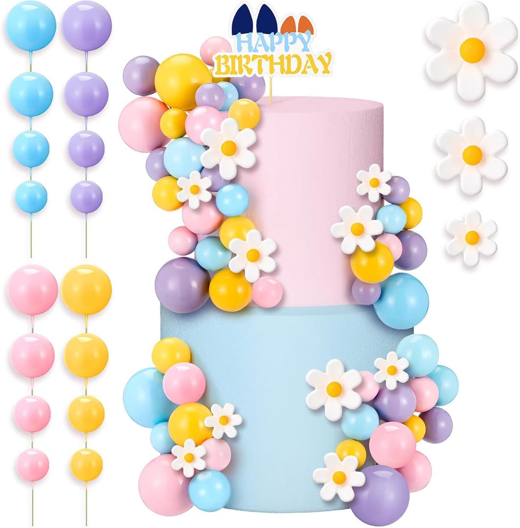 Threehoney 63 Pcs Blue Dog Cake Toppers with Balls Cake Picks and Daisy Flowers for Birthday Decoration Groovy Pastel Cupcake Inserts Hippie Wedding Party Supplies(Happy Birthday)