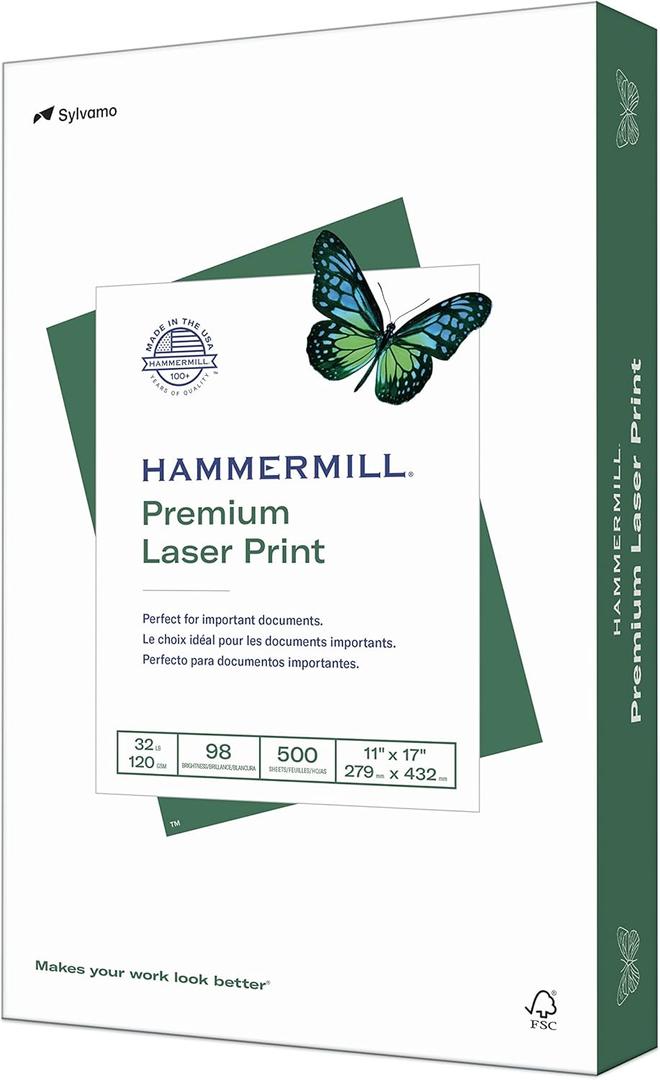 Hammermill Printer Paper, Premium Laser Print 32 lb, 11 x 17-1 Ream (500 Sheets) - 98 Bright, Made in the USA, 104653R