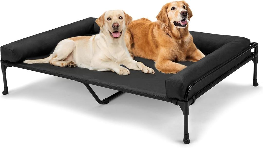 Veehoo Elevated Raised Dog Bed-Cooling Outdoor Dog Cot Bed for Large Sized Dogs Three-Sided Fence Raised Pet Cot with Mesh & No-Slip Feet Dog Hammock Bed with Removable Bolster-47 x 29" Black