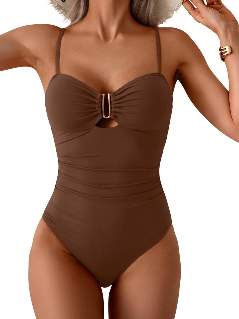 Eomenie One Piece Swimsuit for Women Tummy Control Ruched Bathing Suit Cutout U Wire Swim Suits (Large, Brown)