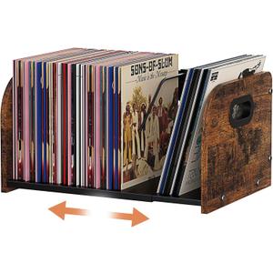 Vinyl Record Storage Holder, Expandable Record Holder Rack With Movable Divider, 110 LP Album Display Shelf Stand, Magazine Holder (Rustic Brown, 1-Tier)