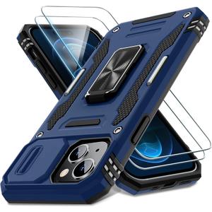DEERLAMN Case for iPhone 15 with Slide Camera Cover + Screen Protector (2 Packs), Rotated Ring Kickstand Military Grade Shockproof Protective Cover-Navy Blue