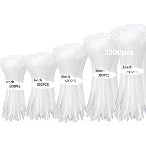 2000 PCS Zip Ties Assorted Sizes 4+6+8+10+12 Inch Self-locking Nylon Cable ties Heavy Duty Outdoor, UV Resistant Wire Straps for Home Office Garden Workshop Indoor Outdoor Fence((White)
