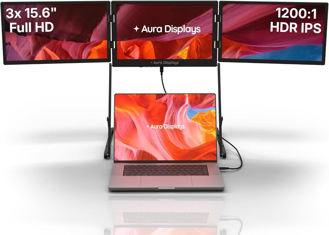 Triple Aero Pro Max 15.6| Premium Triple Portable Monitor Extender | Full Aluminum | Quad Screens | 315.6 FHD 1080P HDR IPS | USB-C & HDMI | Compatible with 11-18 Laptops
