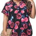 MCEDAR Women's Plus Size Chiffon Blouse Short Sleeve Split V Neck Floral Casual Summer Dressy Work Tops (1X, Red Flower)