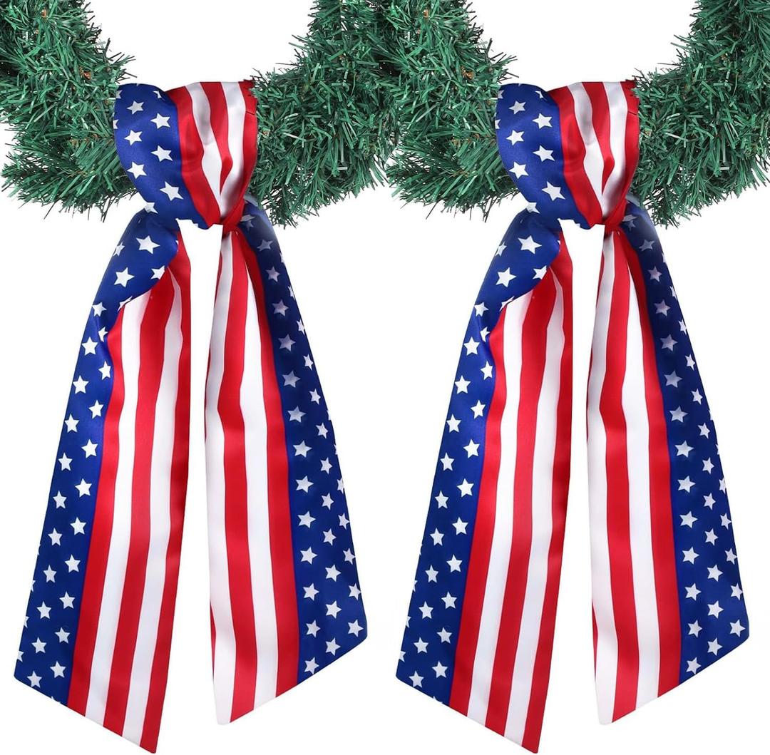 Yuubin 2 Pcs 4th of July Wreath Sash Patriotic Wreaths for Front Door Embroidery Monogram Garland Red Blue Patriotic Ribbon Accessories Yard Doorway Outdoor Indoor Party Wall Decorations