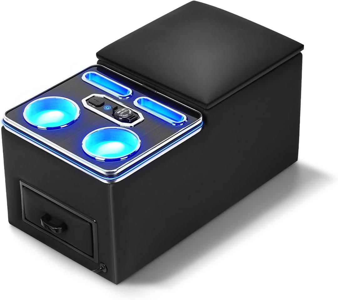 Center Console, 7-Color Mood Lighting Center Console Organizer, Bench Seat Center Console with Fast Phone Charging, Back Bench Seat Storage Box for Most Cars, Trucks, Minivan (Black)
