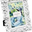 Laura Ashley 5x7 White Floral Textured Hand-Crafted Resin Picture Frame with Easel, for Tabletop & Wall Display, Decorative Floral Design Home D cor, Photo Gallery, Art & More (5x7, White) (4x6)