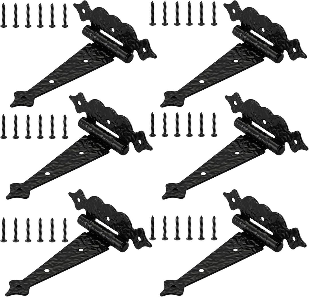 WellMade Black Gate Hinges,6 in Decorative Hammered Steel T Hinges,Outdoor Tee Hinges for Shed Storage Fence Barns Doors (6 Pack)