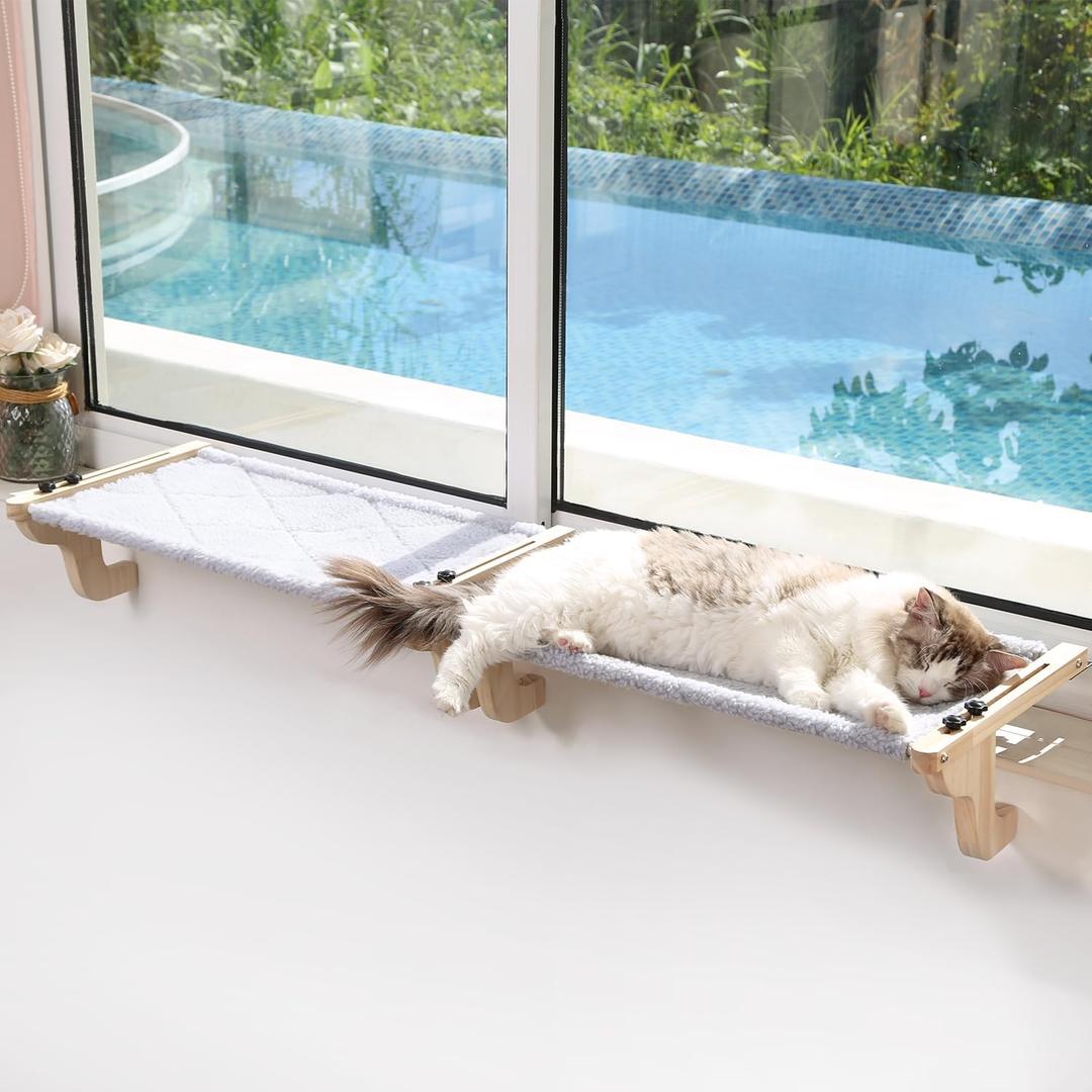 2PC Easy Seat Cat Perch for Window Sill - Hammock Design w/Pine Wood & Robust Metal Frame - Cat Window Seat for Large Cats and Kittens (Natural Color Wood w/Gray Bed, Large (26''W x 14''D)