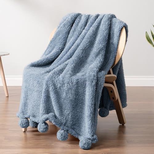 PAVILIA Blue Sherpa Throw Blanket for Couch, Warm Plush Pom Pom Blanket Throw, Dusty Blue Fuzzy Sofa Throw, Lightweight Soft Cozy Fluffy Blanket with Pom Poms, Light Blue, 50x60
