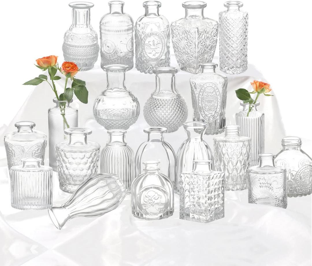 Glass Bud Vase Set of 22, Small Vases for Flowers, Clear Centerpieces, Mini in Bulk Rustic Wedding Decorations, Vintage Look Home Table Flower Decor (Clear)