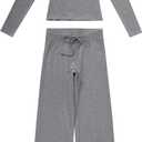 OMKAGI Womens Lounge Set Lace Square Neck Long Sleeve Tops Wide Leg Pants 2 Piece Outfits (Gray, XL)