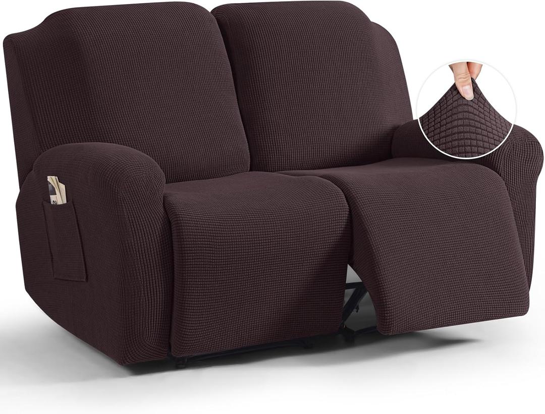 TAOCOCO Recliner Loveseat Slipcover, 6 Pieces Dual Recliner Sofa Covers for 2 Seat Dual Reclining Loveseat Couch, Stretch Soft Jacquard Pattern Furniture Protector with Elasticity (Chocolate)