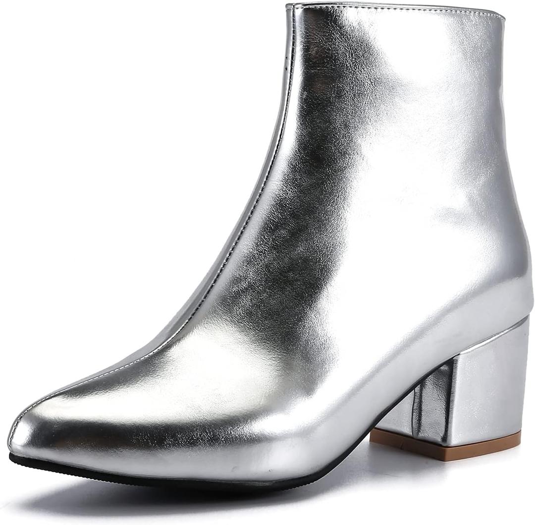 LIURUIJIA Women's Pointed Toe Ankle Boots Mid Chunky Heel Side Zipper Lined Fall Winter Fashion Boots (9, Silver)