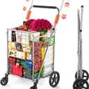 Wellmax Folding Grocery Cart with Wheels  Heavy Duty Utility Cart with Upgraded Steel Frame, Extra Large Basket, Adjustable Padded Handle, Swivel Front Wheels, Foldable Design, 90 lb Capacity
