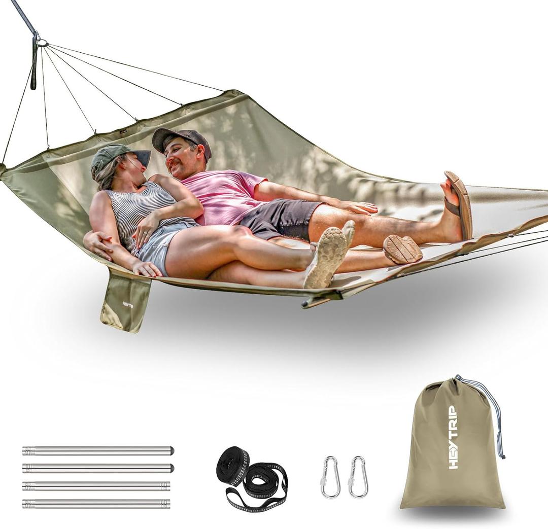 HEYTRIP Hammocks for Outside, 2 Person Hammock with Detachable Spreader Stainless Steel Bars, 12FT Portable Hammock w/ 2 Side Pocket, Outdoor Hammock 450 lb Heavy Duty Hammock, Tree Camping Hammock