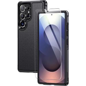 Lanhiem for Samsung Galaxy S25 Ultra Phone Case with Tempered Glass Screen Protector, Shock Absorption, Anti-Scratch Shockproof Case Cover for Samsung S25 Ultra, Black (Black-3 in 1)