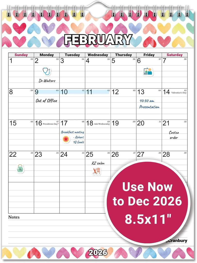 CRANBURY Small Wall Calendar 2026, 8.5x11 Vertical Calendar (Seasonal), Hanging or Desk, Starts Now and Runs Through Dec 2026, Monthly Planner for Home, School & Office, Includes Stickers (Seasons)