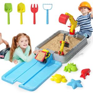 Dirt Diggers Excavator Sandbox for Kids, Toddler Construction Sand Box with Lid, Beach Toys for Outdoor Indoor Play Sensory Gifts for Boys Girls Ages 3+