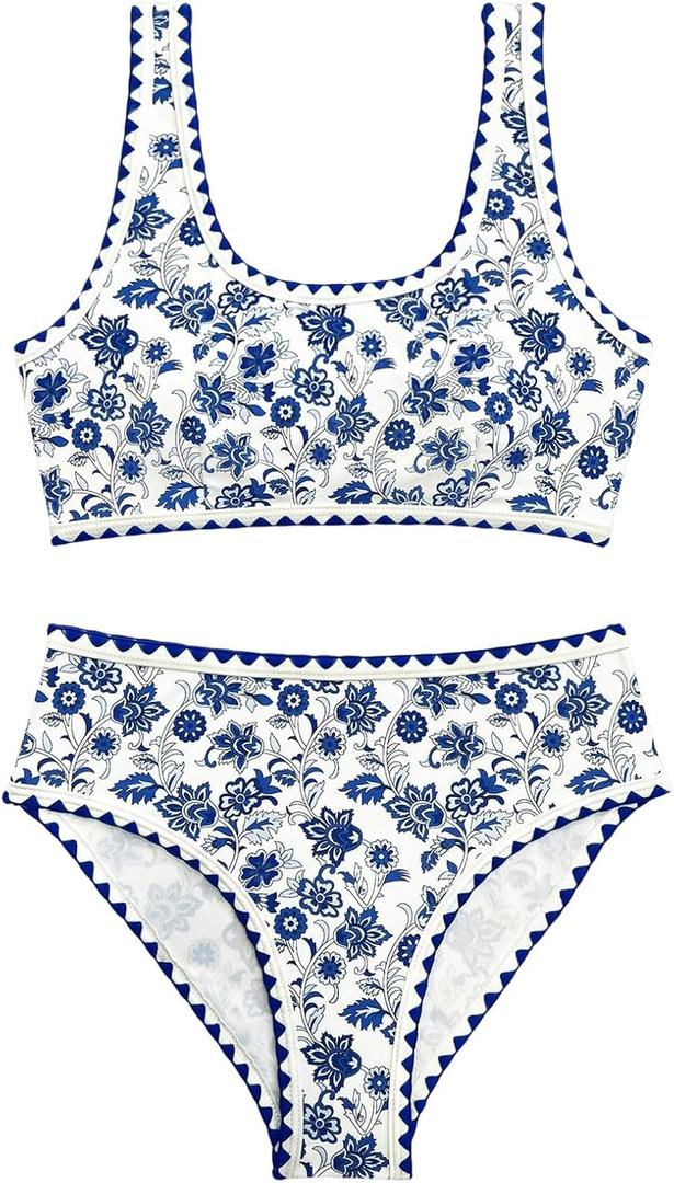 Women's 2 Piece Floral Print Bikini Set Y2K Tankini Set Boho High Waist Swimsuit Full Coverage Bathing Suit Beachwear (Large, Blue)