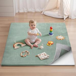 Blissful Diary Ultra Soft Baby Play Mat, 50x50 Floor Mat with Removable & Washable Slip-On Cover for Babies and Toddlers Infants, Sage Green