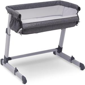 Delta Children Simmons Kids Dream Bedside Bassinet with Zip-Down Side Wall – Convenient Baby Sleeper with Breathable Mesh and Adjustable Heights - Lightweight Portable Crib, Grey, 30"L x 31"W x 30"H