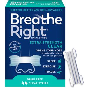 Breathe Right Nasal Strips, Extra Strength Clear Nose Strips, DrugFree Nasal Congestion Relief for Better Breathing, Help Relieve Snoring, Caused by Colds & Allergies, Deviated Septum, 44ct