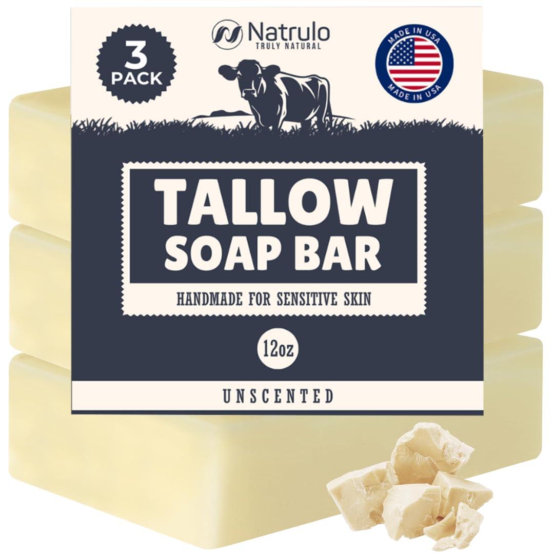 Beef Tallow Soap Bar  All Natural Grass Fed Tallow Soap Unscented  Moisturizing Face & Body Wash Great for Eczema, Dry, Itchy, Sensitive Skin  Handcrafted Bath Soap for Adults, Kids, Made in USA