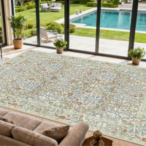 Area Rug for Living Room, 10x12 Large Washable Rugs for Dining Room, Bedroom, Non Slip Stain Resistant Carpet, Low Pile Vintage Floral Rug (Beige Blue)